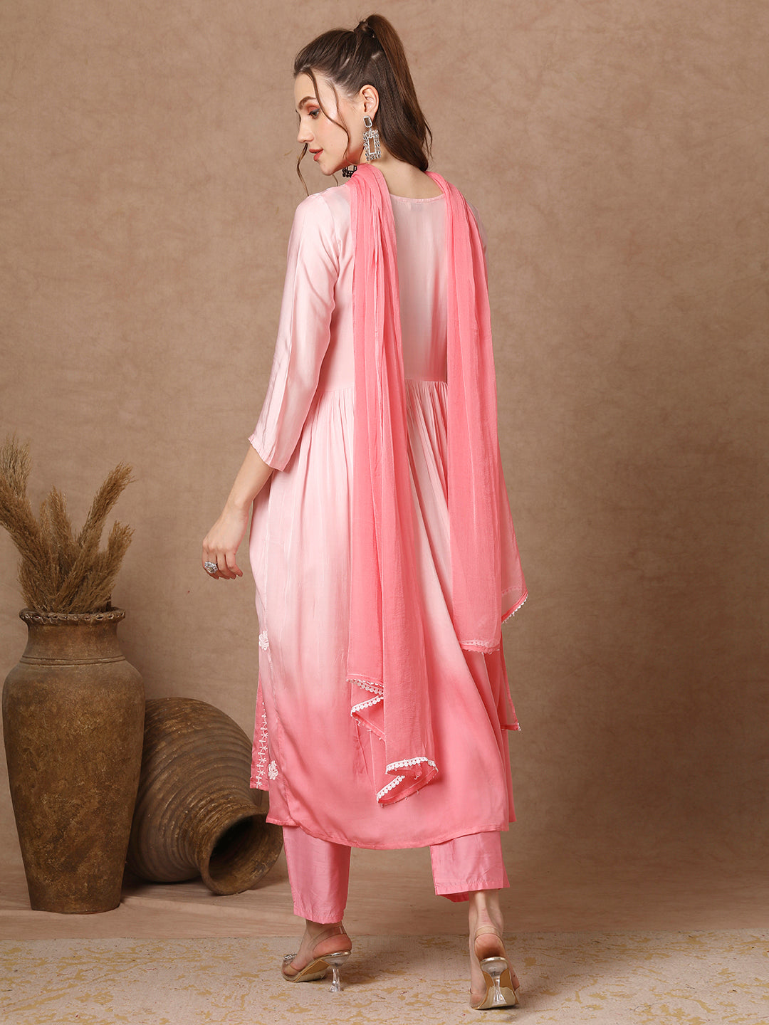 Ombre Dyed & Chikankari Embroidered A-Line Kurta with Pant & Dupatta - Pink