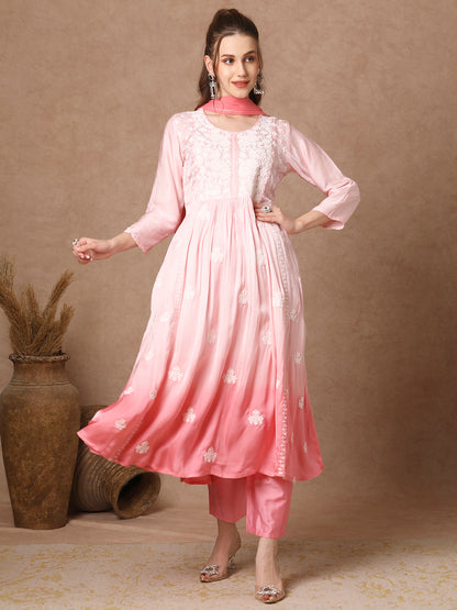 Ombre Dyed & Chikankari Embroidered A-Line Kurta with Pant & Dupatta - Pink