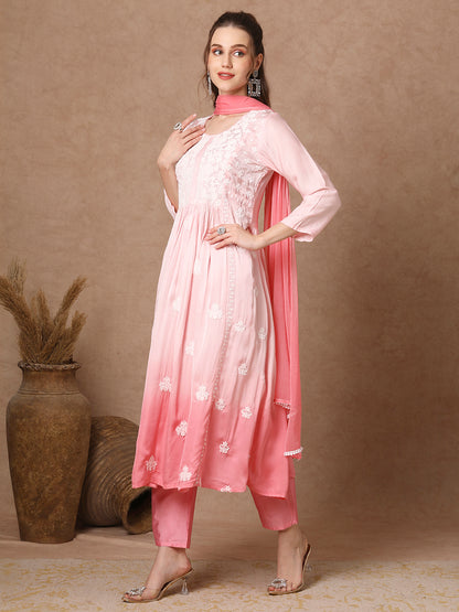 Ombre Dyed & Chikankari Embroidered A-Line Kurta with Pant & Dupatta - Pink