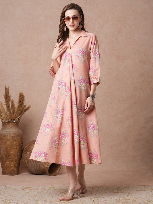 Ethnic Floral Printed A-Line Paneled Maxi Dress - Peach