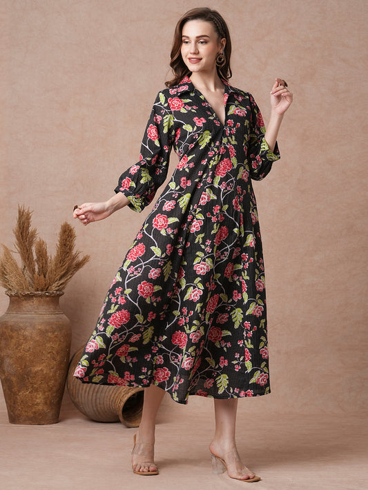 Ethnic Floral Printed A-Line Paneled Maxi Dress - Black