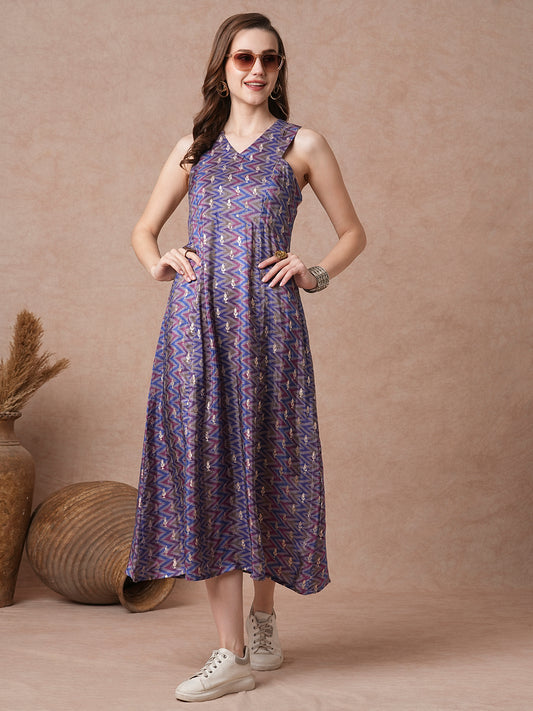 Ethnic Woven Ikat Printed A-Line Paneled Midi Dress - Blue