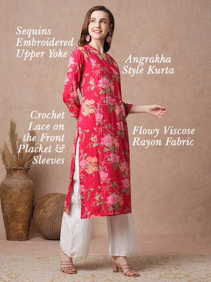 Floral Printed Sequin Embroidered Angrakha Style Kurta - Red