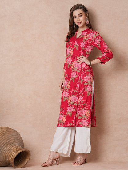 Floral Printed Sequin Embroidered Angrakha Style Kurta - Red