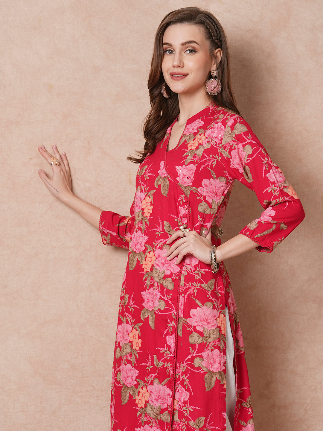 Floral Printed Sequin Embroidered Angrakha Style Kurta - Red