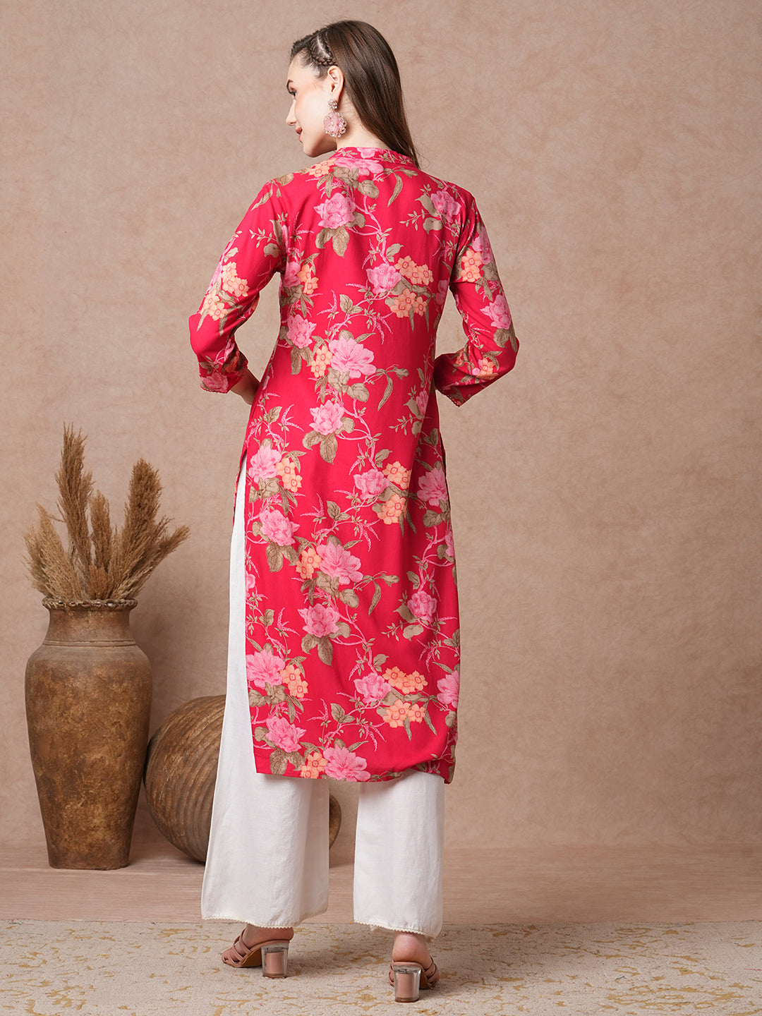 Floral Printed Sequin Embroidered Angrakha Style Kurta - Red