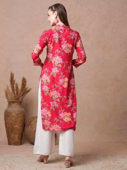 Floral Printed Sequin Embroidered Angrakha Style Kurta - Red