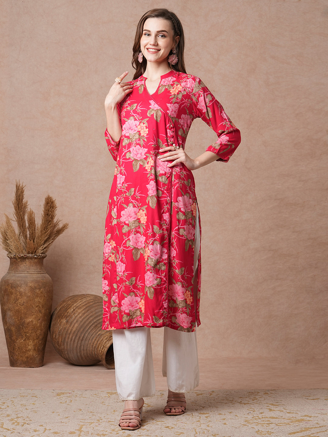 Floral Printed Sequin Embroidered Angrakha Style Kurta - Red