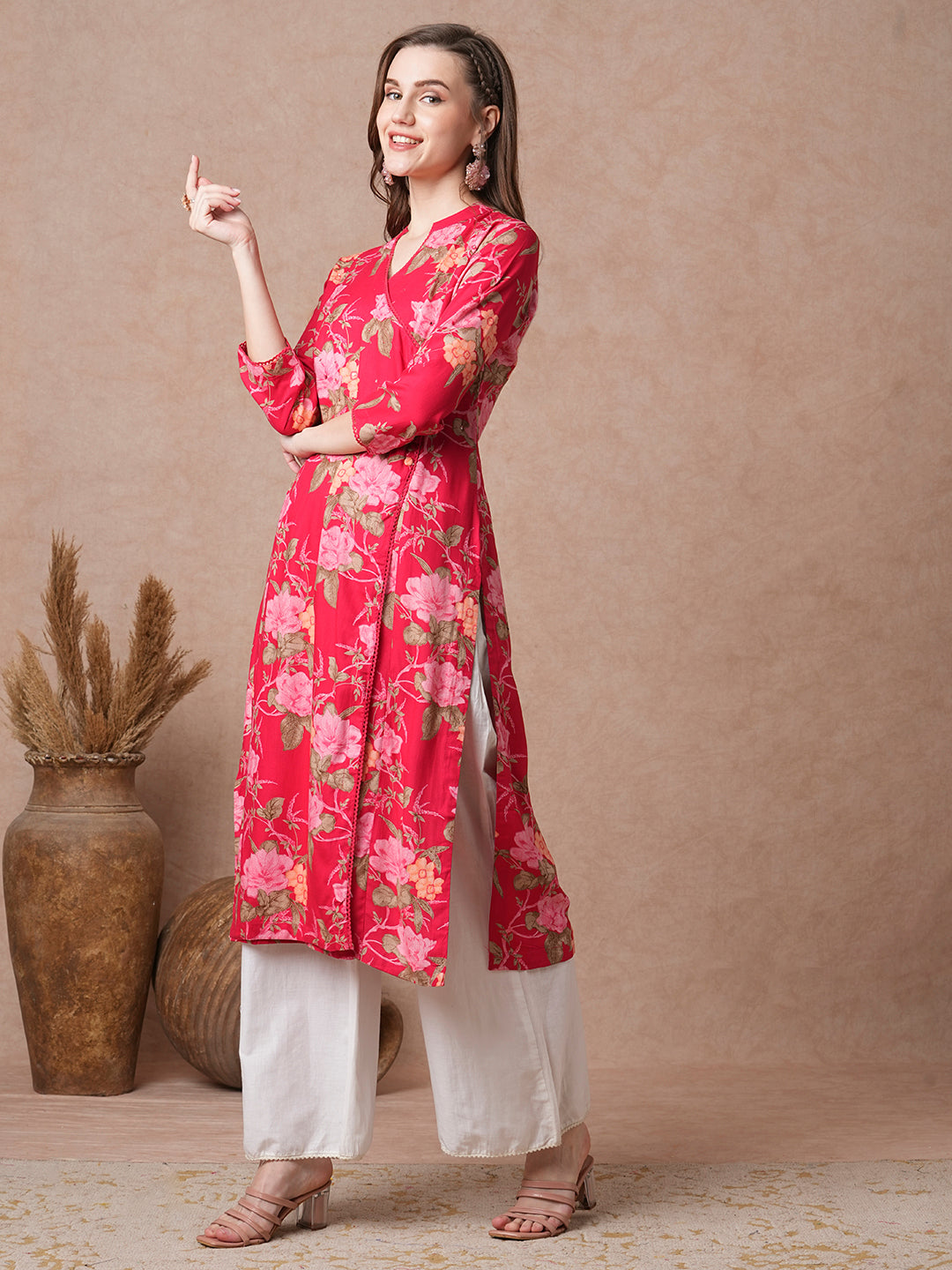 Floral Printed Sequin Embroidered Angrakha Style Kurta - Red