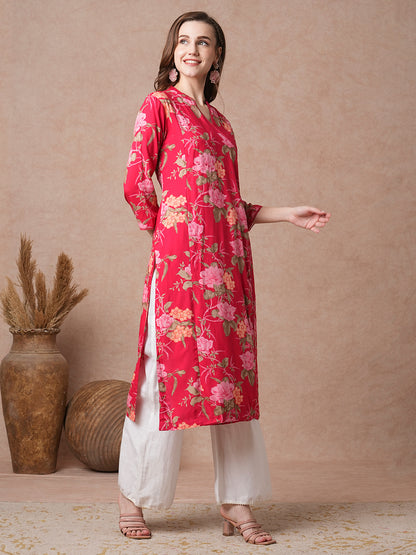 Floral Printed Sequin Embroidered Angrakha Style Kurta - Red