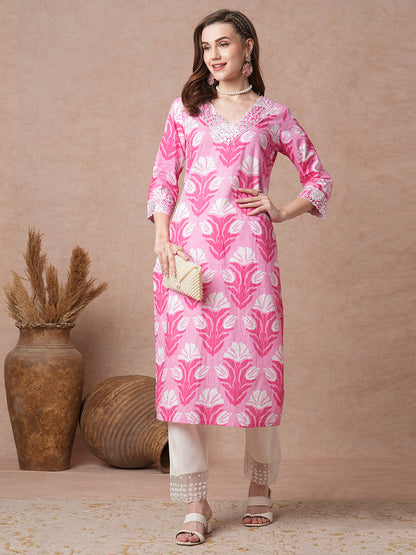 Abstract Floral Printed & Mirror Embroidered Straight Fit Kurta - Pink