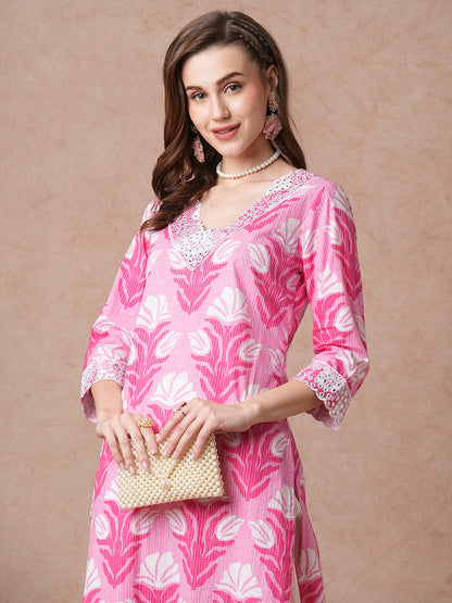 Abstract Floral Printed & Mirror Embroidered Straight Fit Kurta - Pink