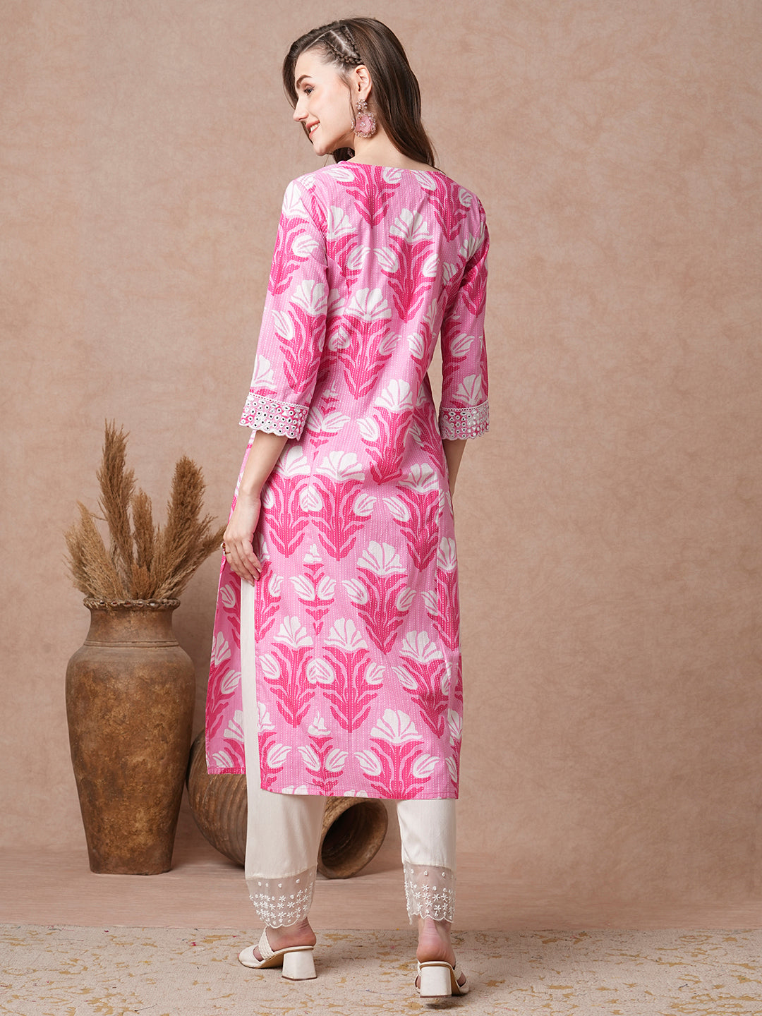 Abstract Floral Printed & Mirror Embroidered Straight Fit Kurta - Pink