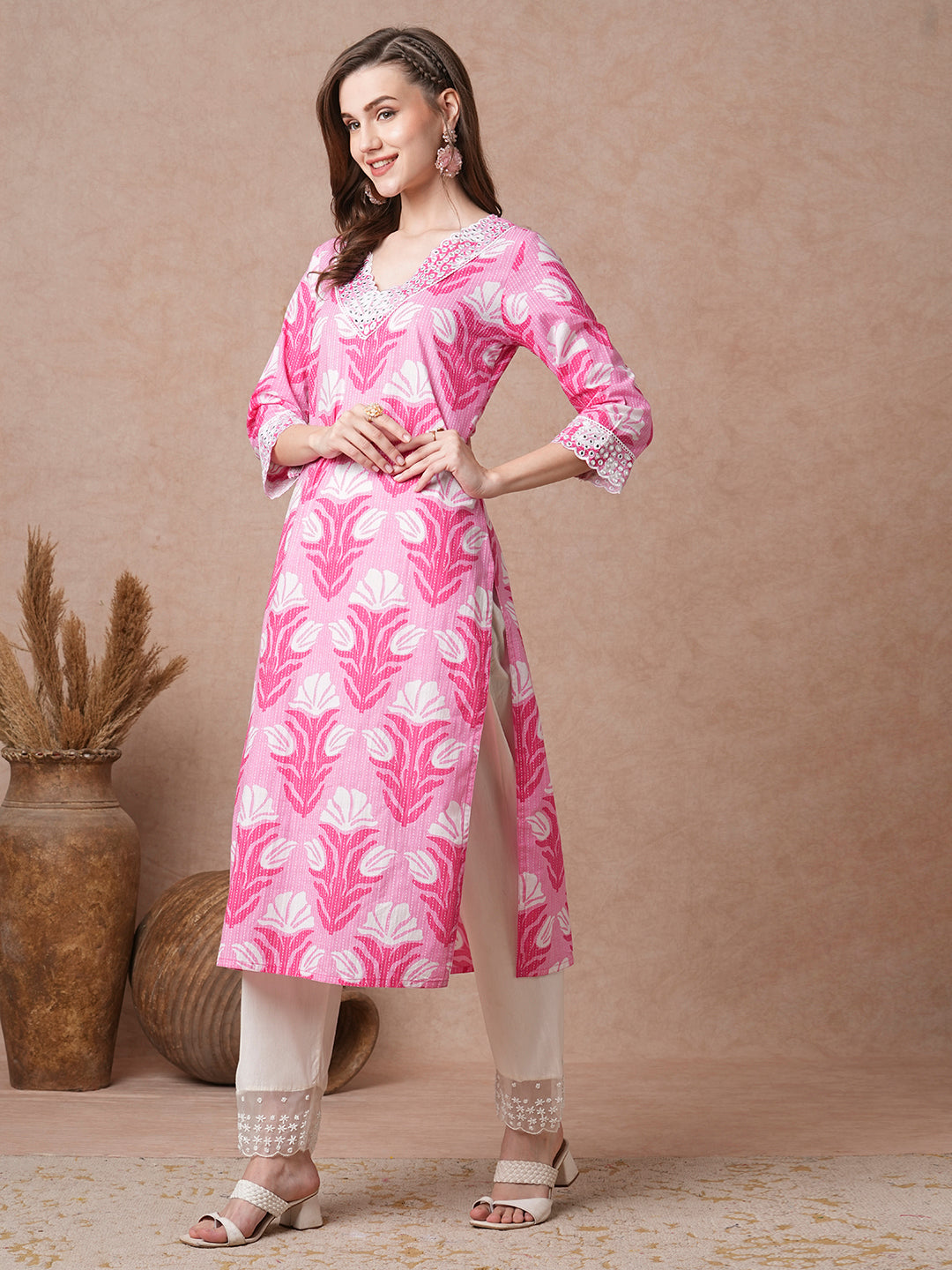 Abstract Floral Printed & Mirror Embroidered Straight Fit Kurta - Pink