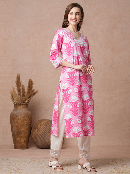 Abstract Floral Printed & Mirror Embroidered Straight Fit Kurta - Pink