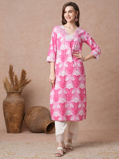 Abstract Floral Printed & Mirror Embroidered Straight Fit Kurta - Pink