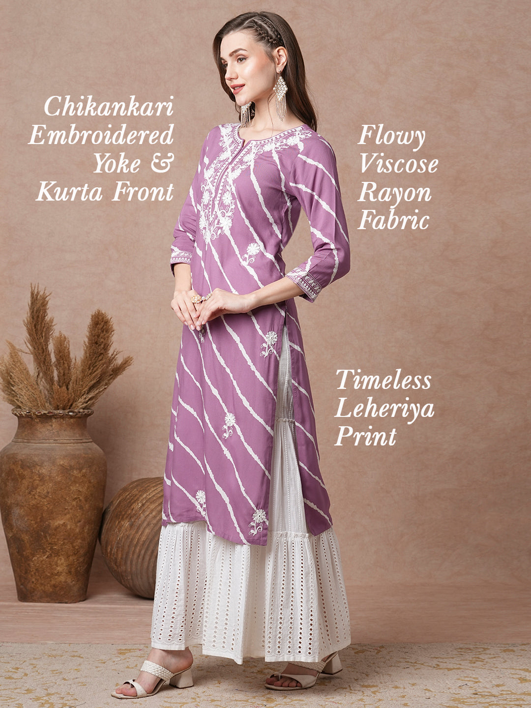 Floral Chikankari Embroidered & Leheriya Printed Straight Fit Kurta - Purple