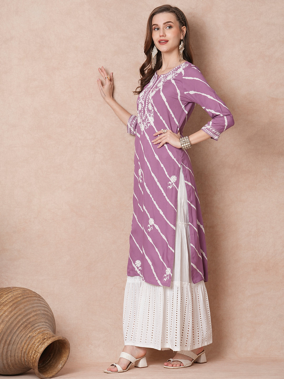 Floral Chikankari Embroidered & Leheriya Printed Straight Fit Kurta - Purple