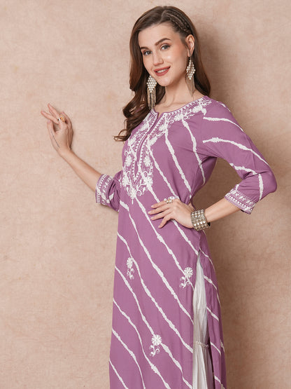 Floral Chikankari Embroidered & Leheriya Printed Straight Fit Kurta - Purple