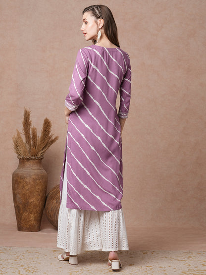 Floral Chikankari Embroidered & Leheriya Printed Straight Fit Kurta - Purple