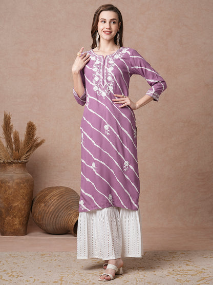 Floral Chikankari Embroidered & Leheriya Printed Straight Fit Kurta - Purple