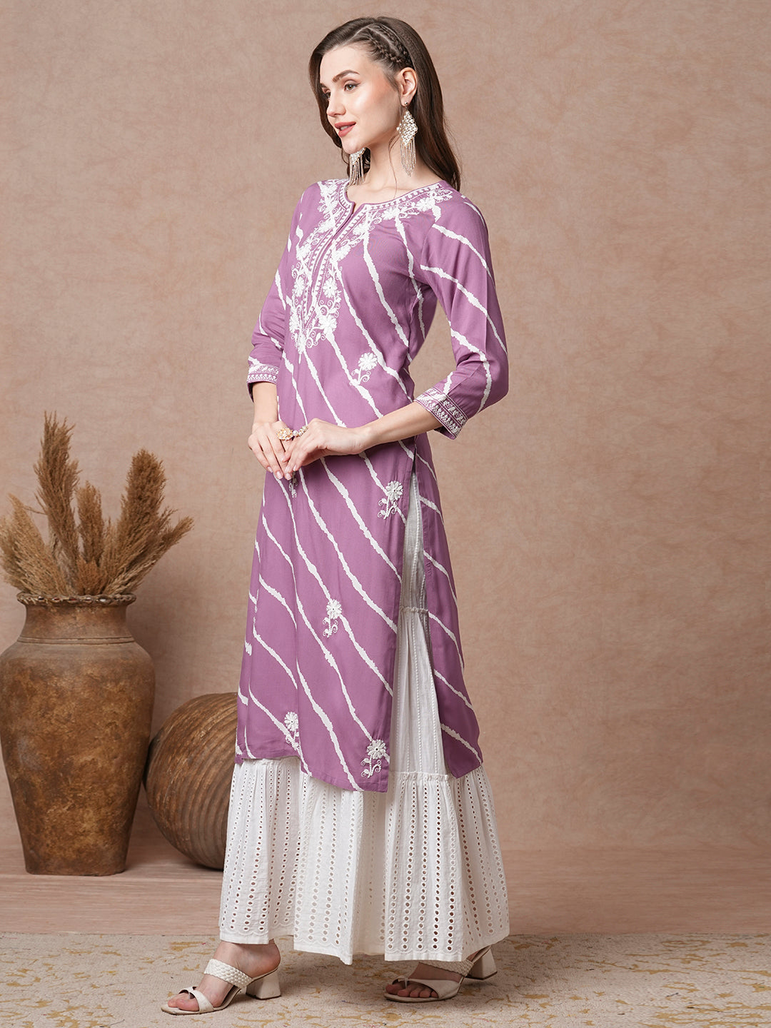 Floral Chikankari Embroidered & Leheriya Printed Straight Fit Kurta - Purple