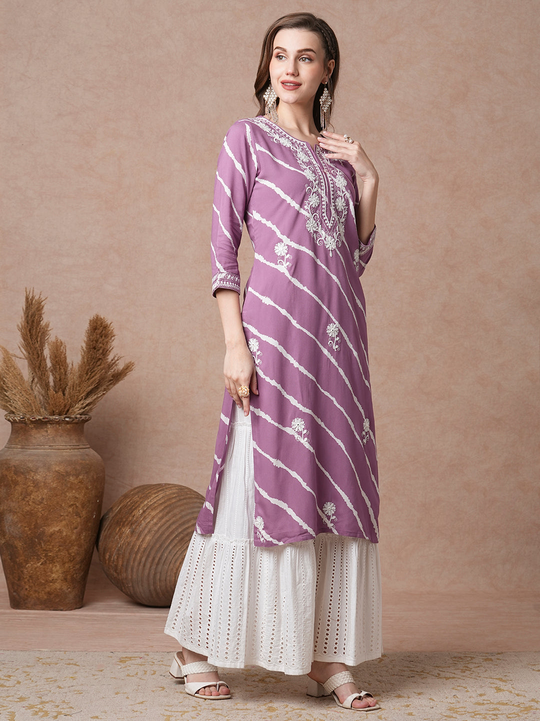 Floral Chikankari Embroidered & Leheriya Printed Straight Fit Kurta - Purple