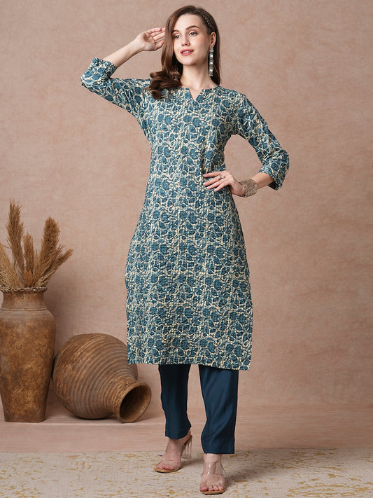 Abstract Floral Printed & Embroidered Straight Fit Kurta - Green