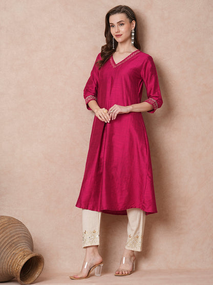 Solid Mirror Embroidered Straight Fit Kurta - Magenta