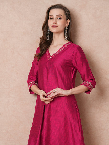 Solid Mirror Embroidered Straight Fit Kurta - Magenta