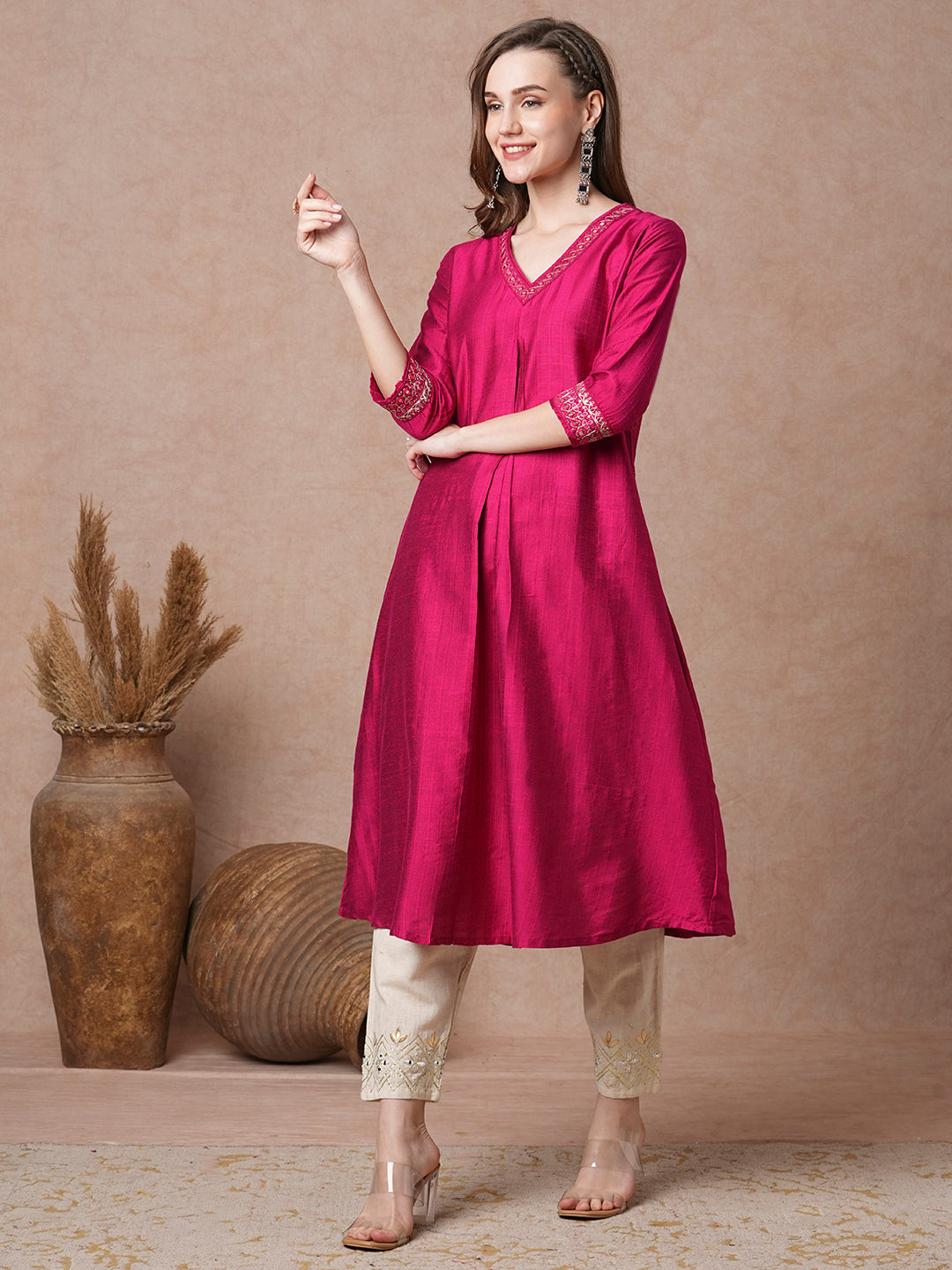 Solid Mirror Embroidered Straight Fit Kurta - Magenta