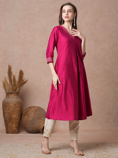 Solid Mirror Embroidered Straight Fit Kurta - Magenta