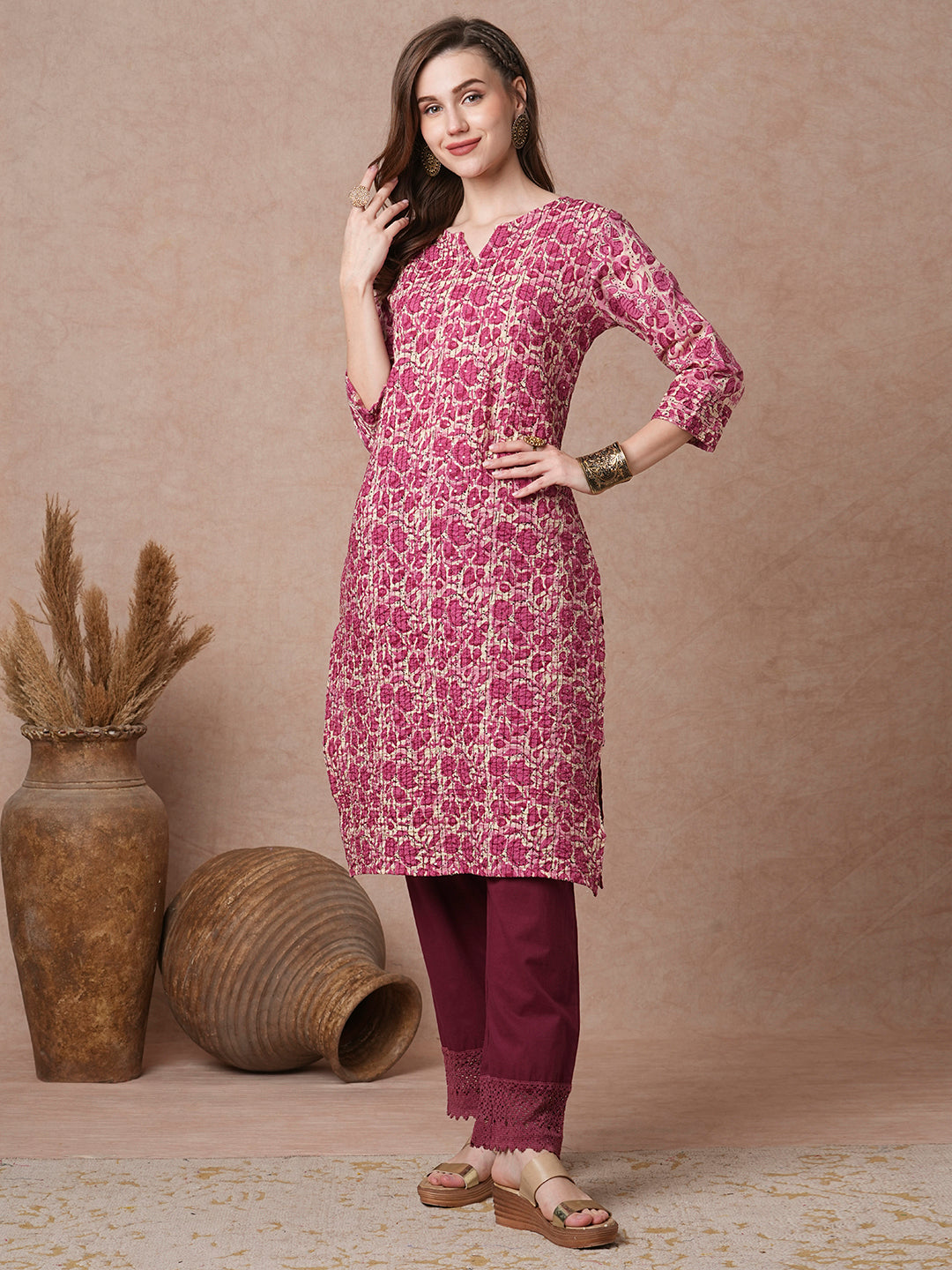 Abstract Floral Printed & Embroidered Straight Fit Kurta - Pink