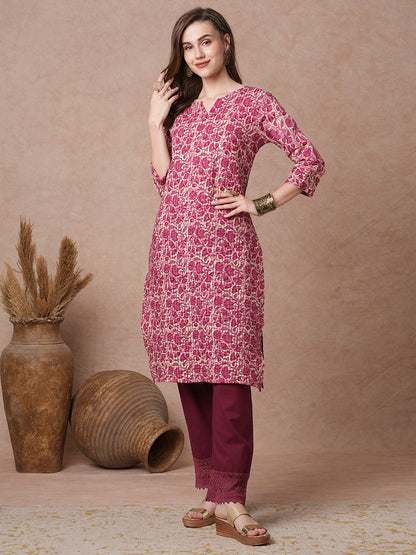 Abstract Floral Printed & Embroidered Straight Fit Kurta - Pink