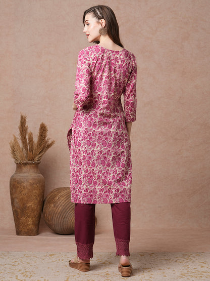 Abstract Floral Printed & Embroidered Straight Fit Kurta - Pink