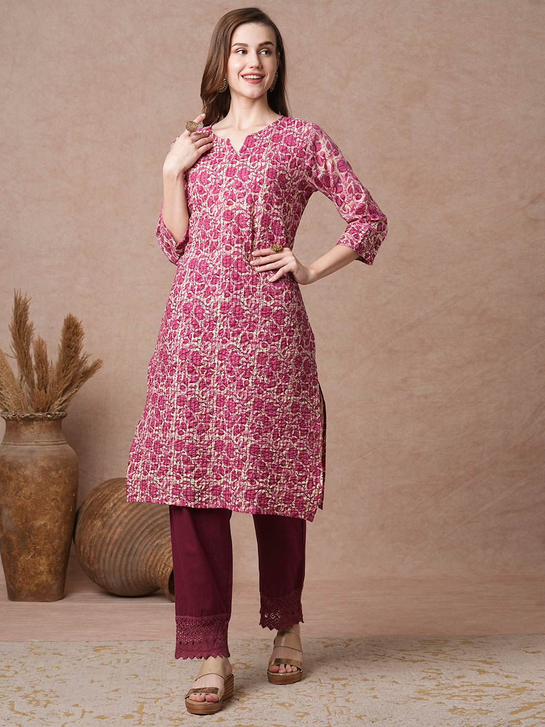 Abstract Floral Printed & Embroidered Straight Fit Kurta - Pink