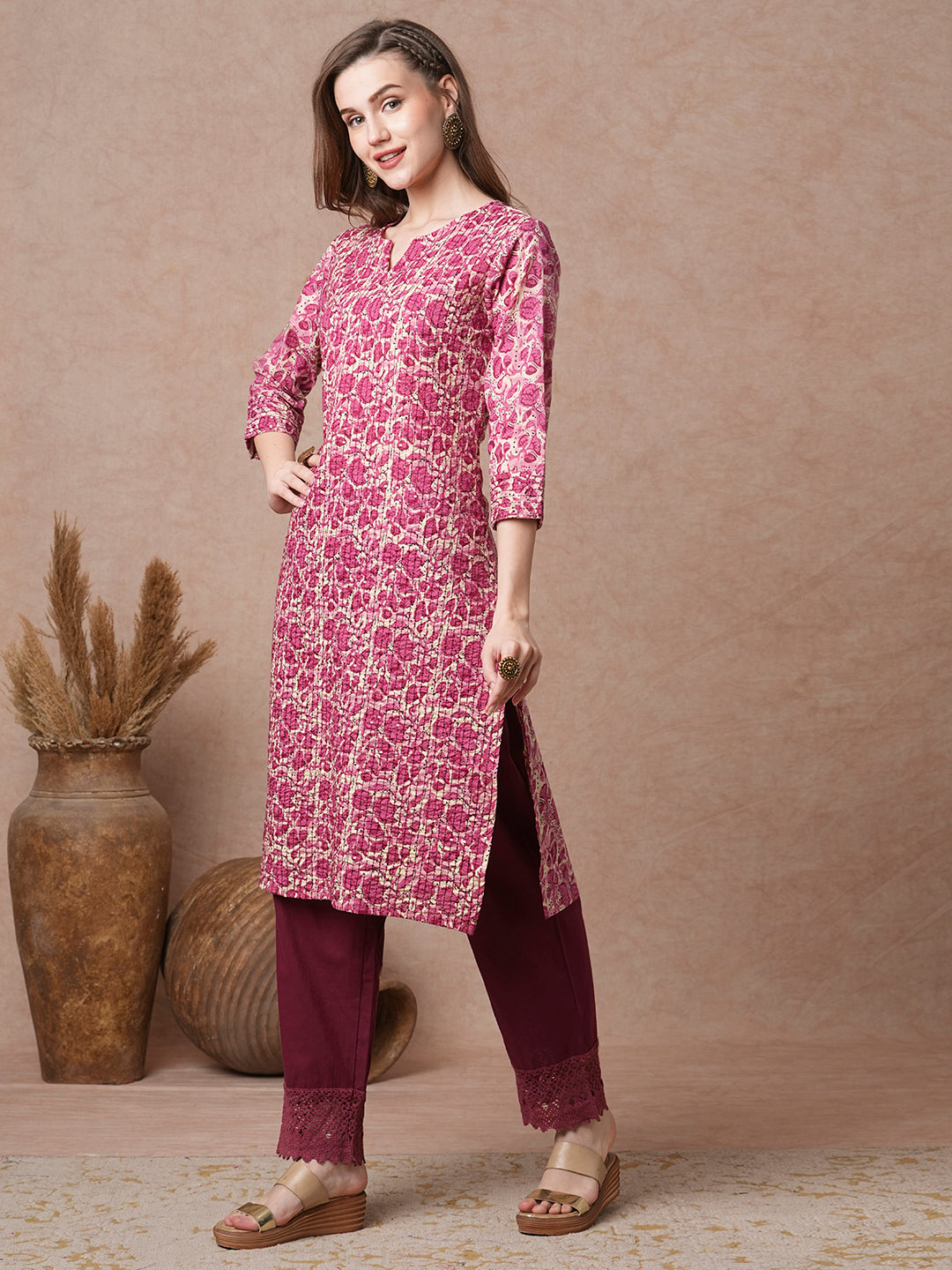 Abstract Floral Printed & Embroidered Straight Fit Kurta - Pink