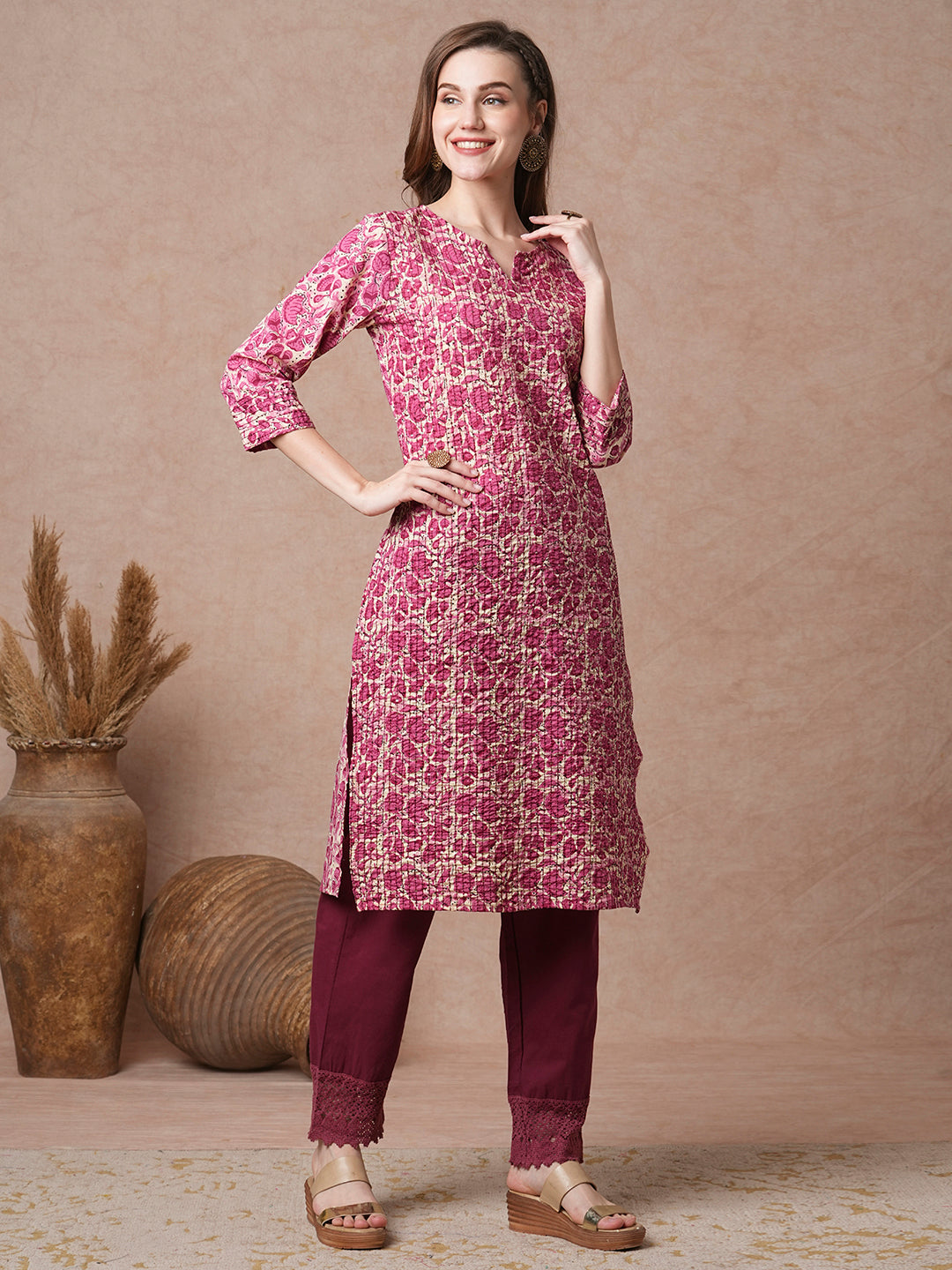 Abstract Floral Printed & Embroidered Straight Fit Kurta - Pink