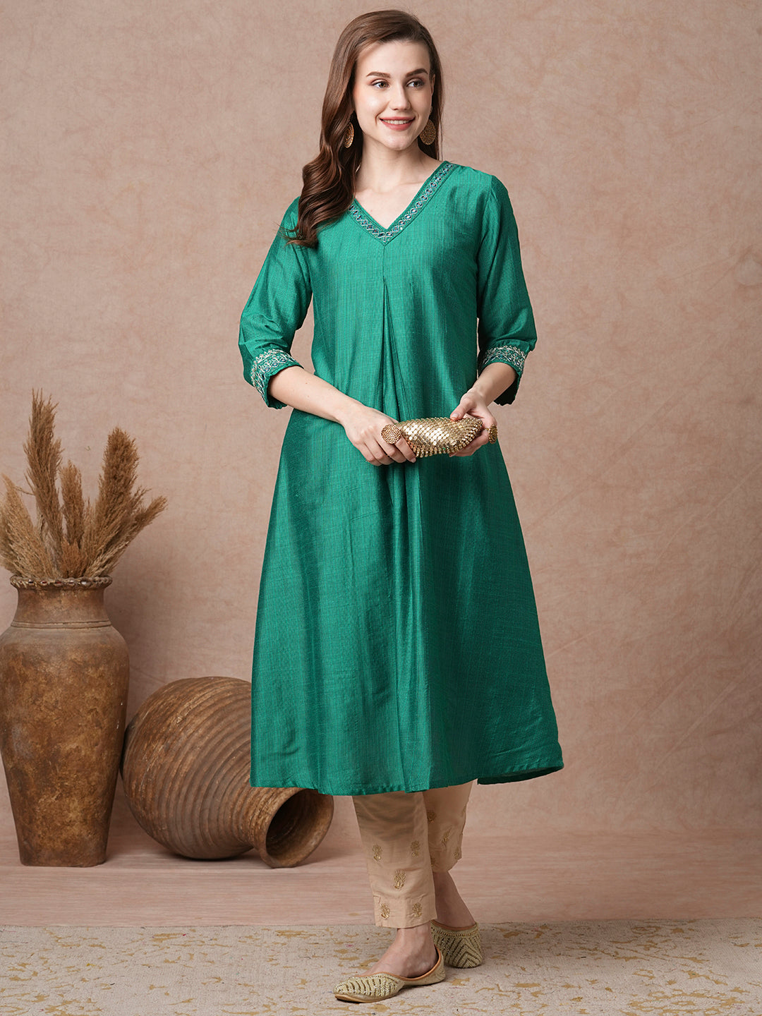 Solid Ethnic Embroidered A-Line Flared Kurta - Green