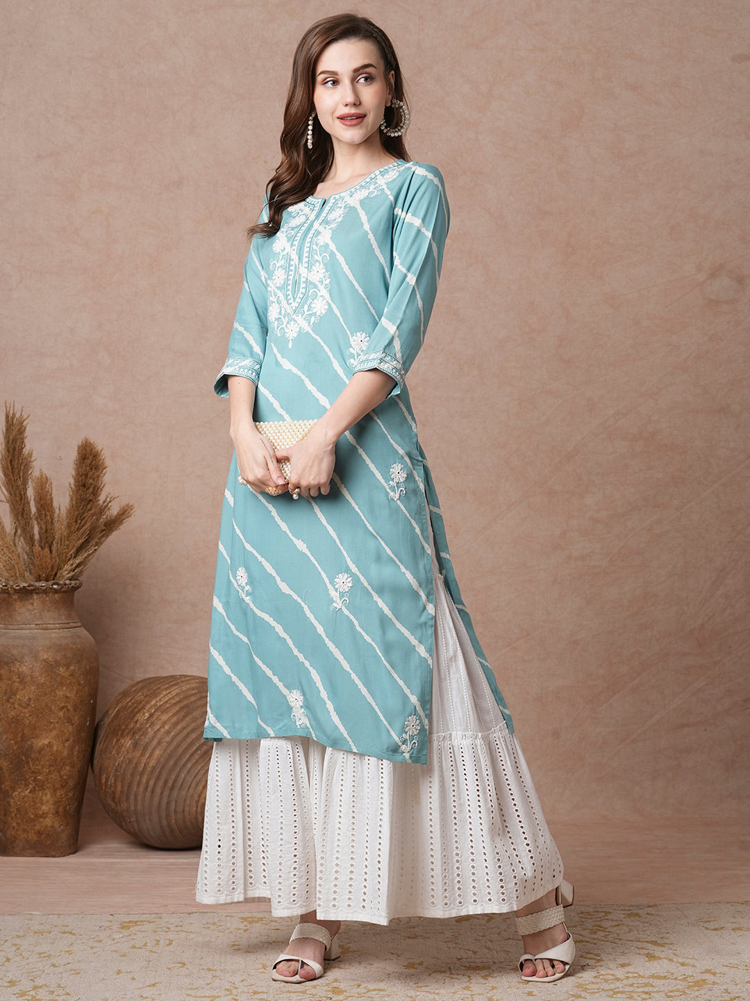 Floral Chikankari Embroidered & Leheriya Printed Straight Fit Kurta - Turquoise Blue