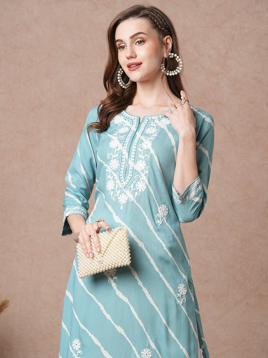 Floral Chikankari Embroidered & Leheriya Printed Straight Fit Kurta - Turquoise Blue