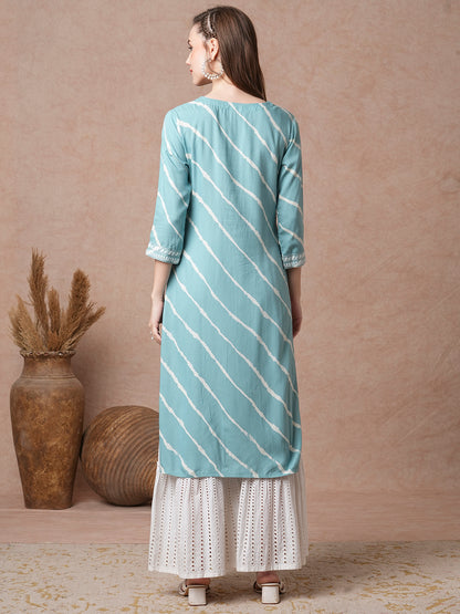 Floral Chikankari Embroidered & Leheriya Printed Straight Fit Kurta - Turquoise Blue