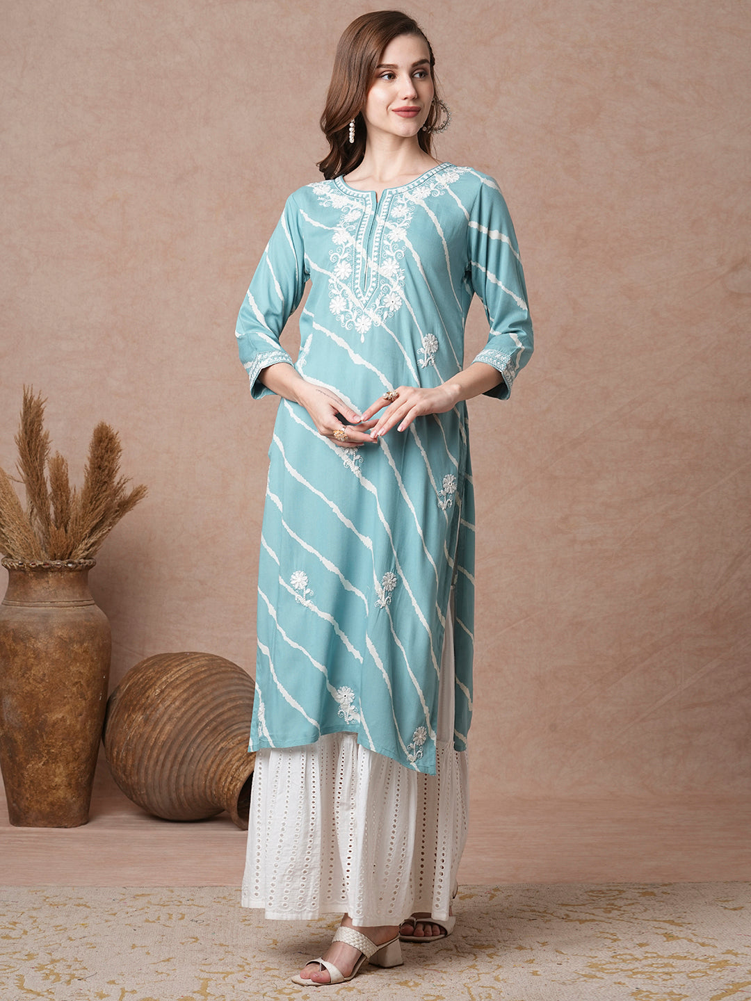 Floral Chikankari Embroidered & Leheriya Printed Straight Fit Kurta - Turquoise Blue