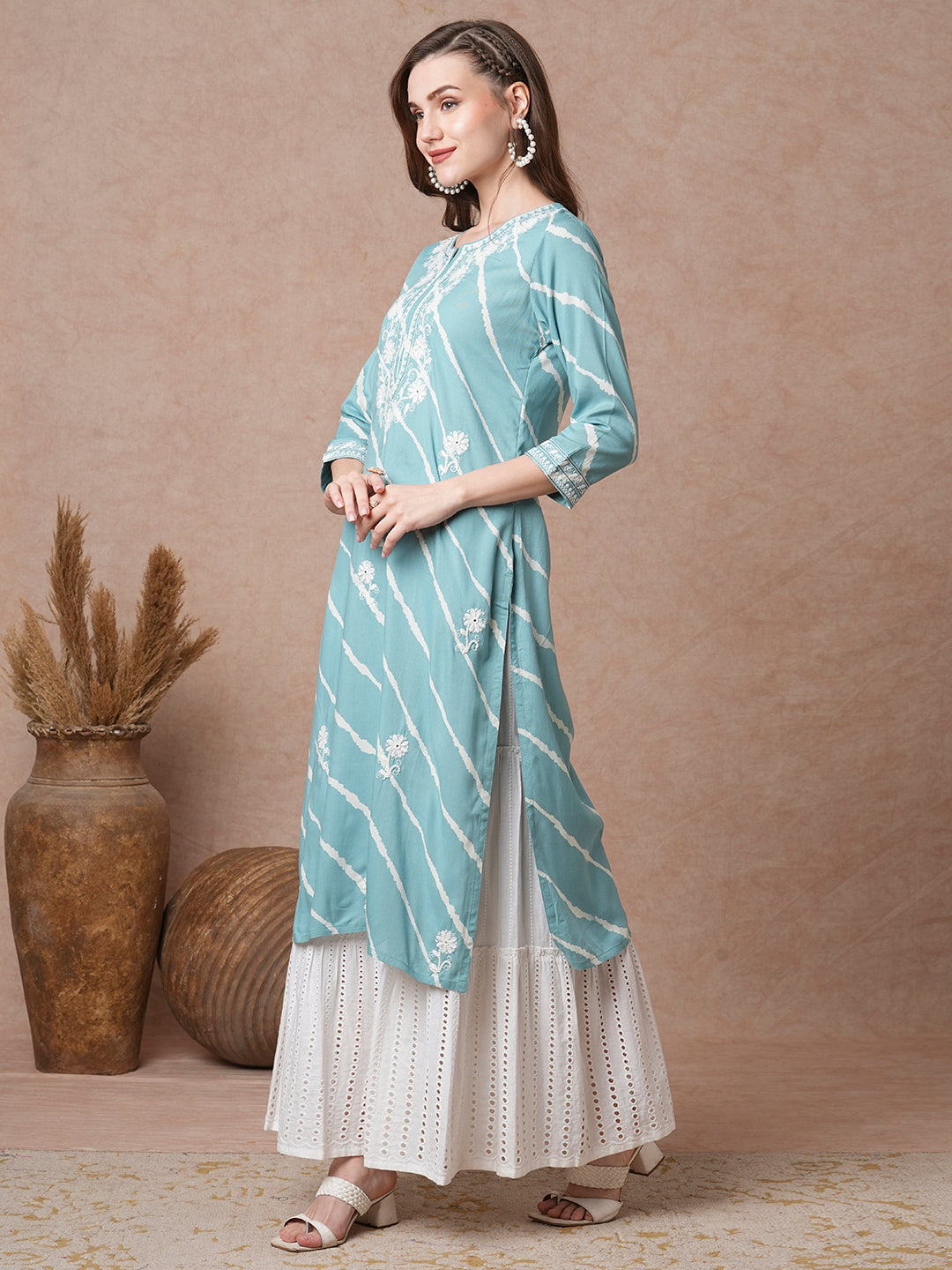 Floral Chikankari Embroidered & Leheriya Printed Straight Fit Kurta - Turquoise Blue