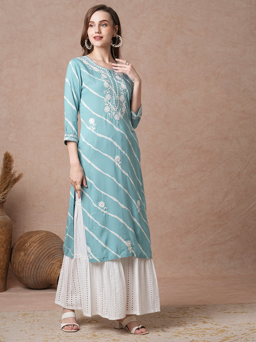 Floral Chikankari Embroidered & Leheriya Printed Straight Fit Kurta - Turquoise Blue