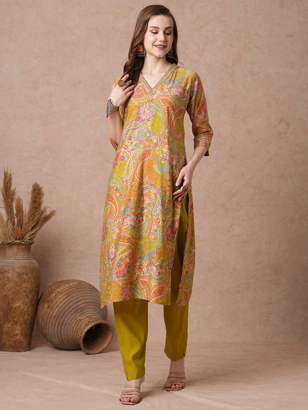 Ethnic Floral Foil Printed Straight Kurta with Pant - Lime Green