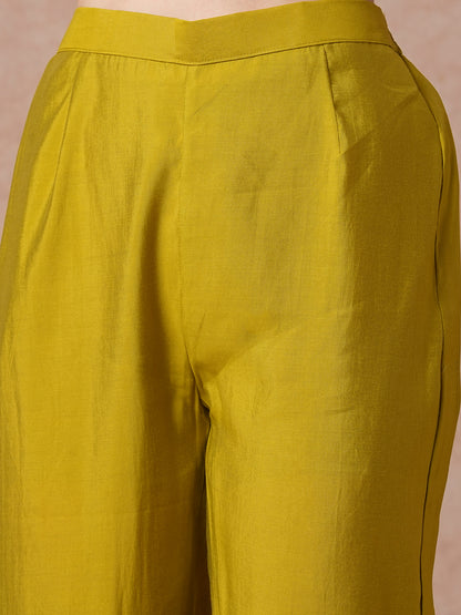 Ethnic Floral Foil Printed Straight Kurta with Pant - Lime Green