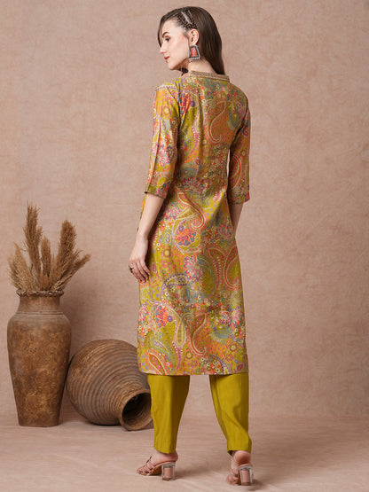 Ethnic Floral Foil Printed Straight Kurta with Pant - Lime Green