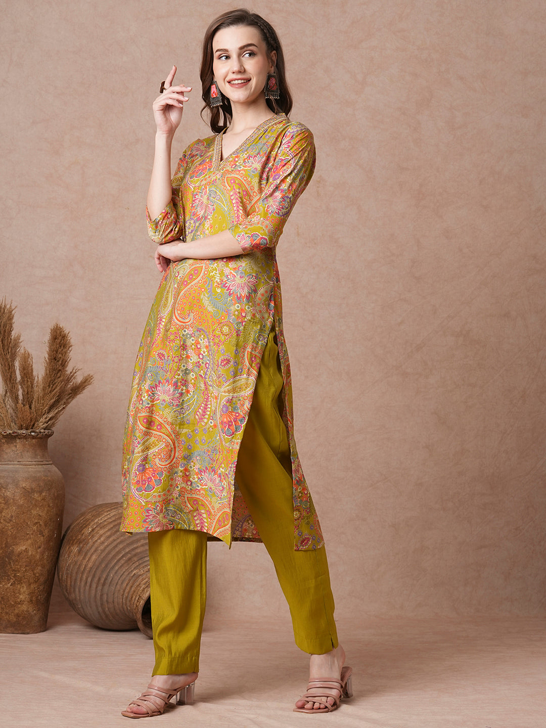 Ethnic Floral Foil Printed Straight Kurta with Pant - Lime Green