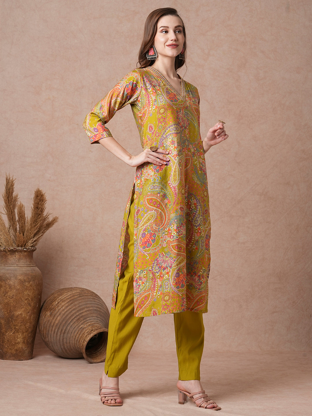 Ethnic Floral Foil Printed Straight Kurta with Pant - Lime Green